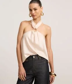 Blusa Frente Única em Cetim com Argola na Gola Cruzada