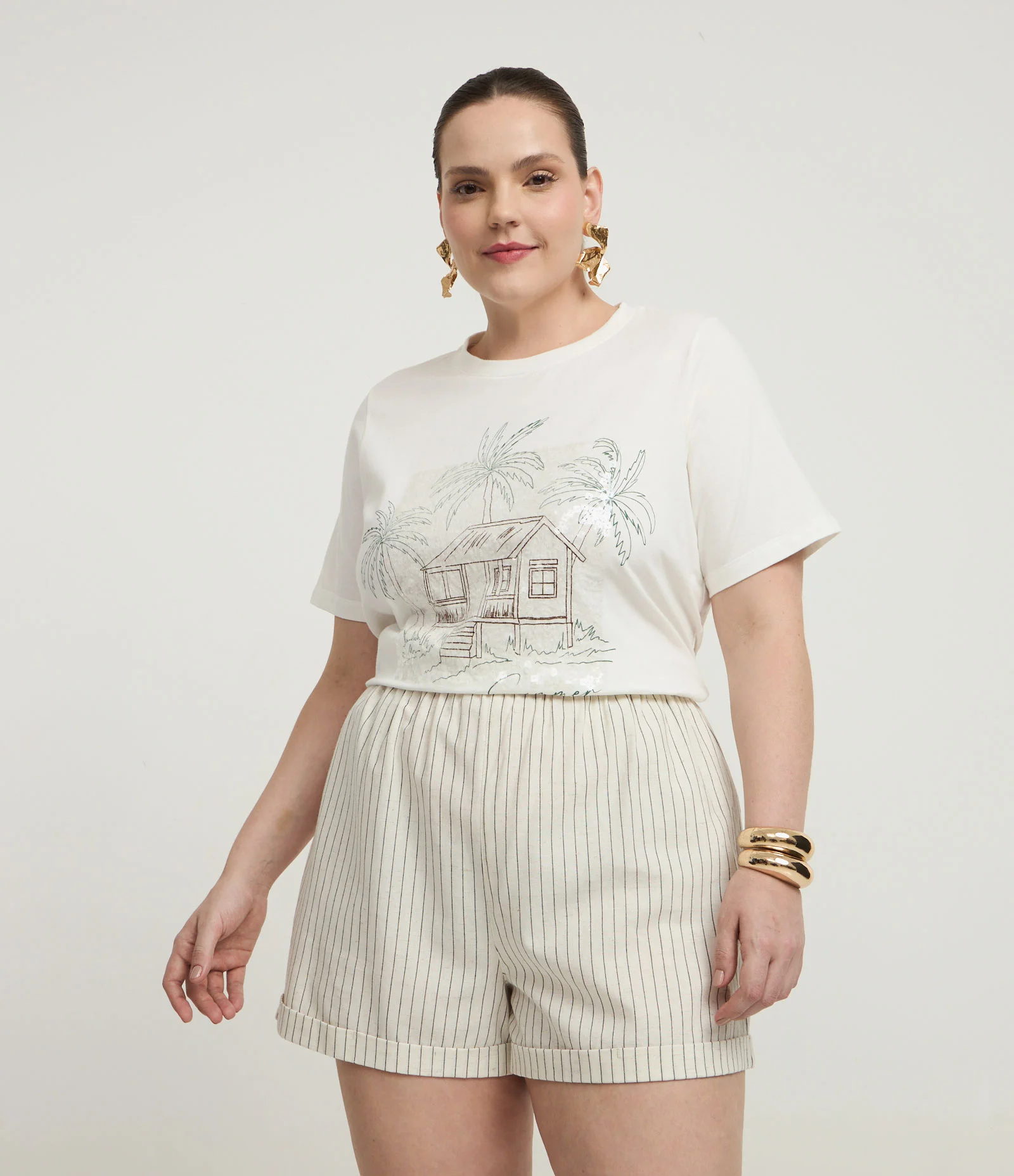 Camiseta com Estampa Coqueiro e Paetês  Curve & Plus Size Branco 2