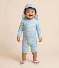 Conjunto Infantil Macaquinho e Chapéu Estampado com Proteção UV – Tam 1 a 12 Meses