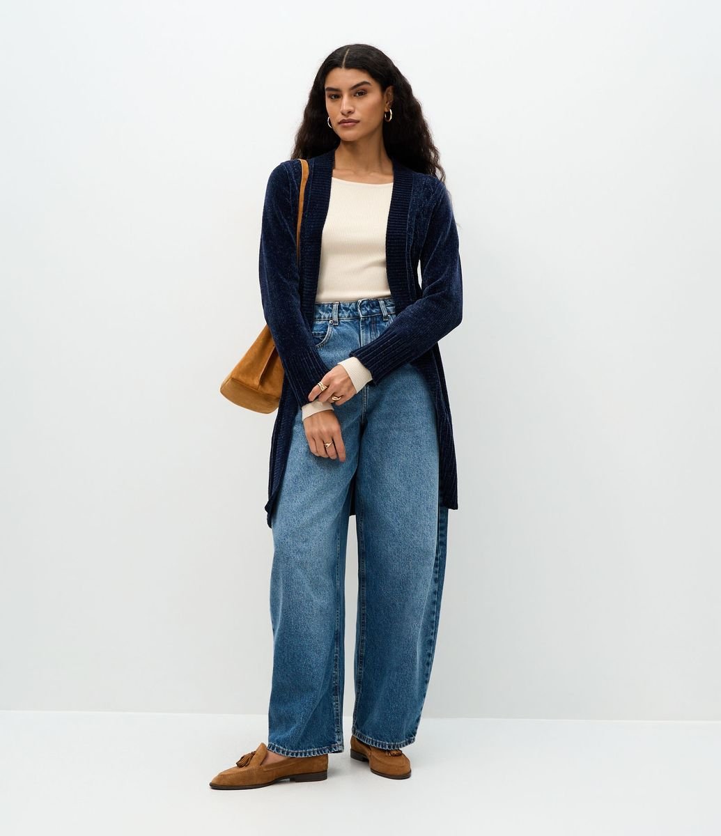 Cardigan Alongado em Tricô Texturizado Azul