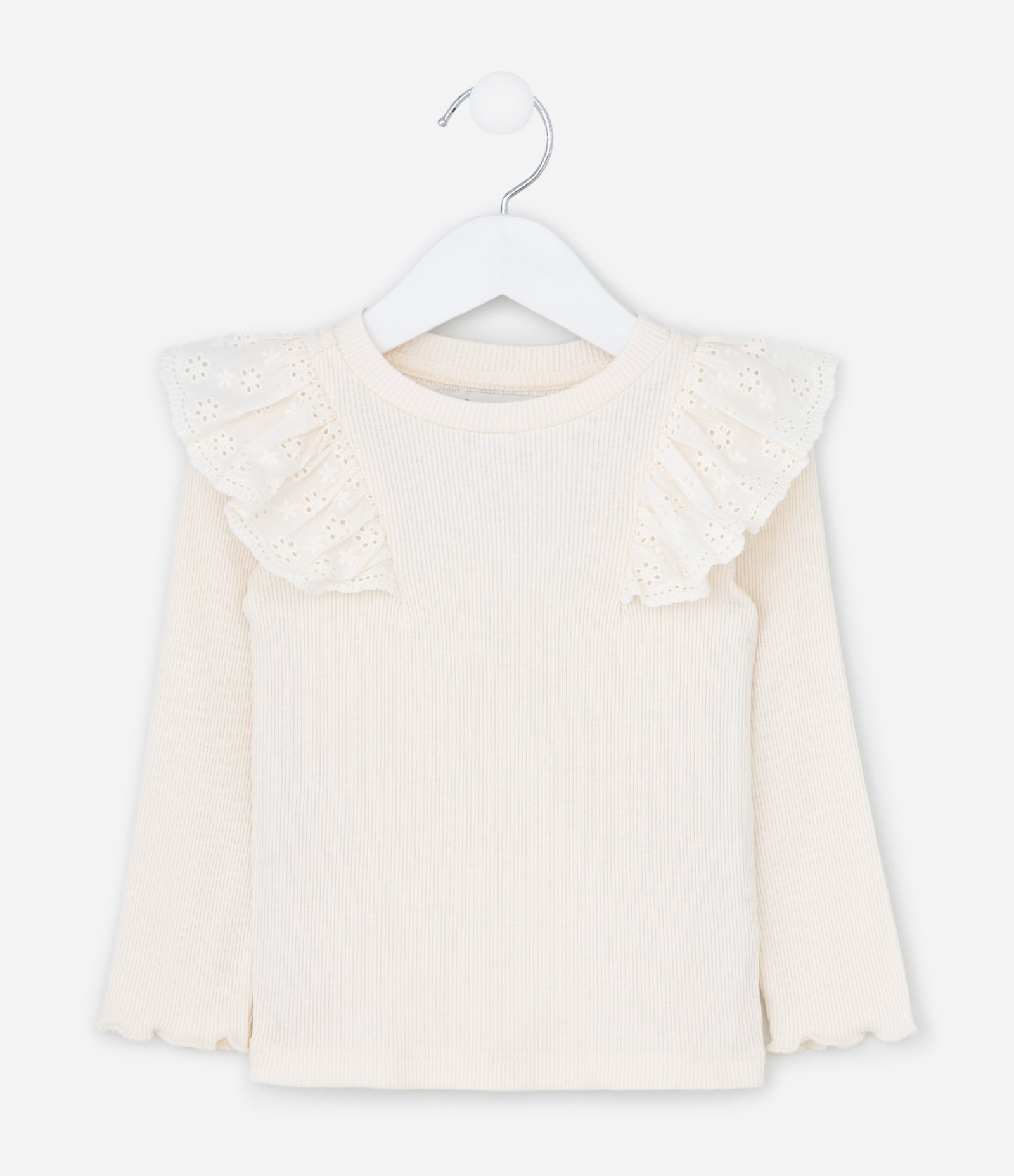 Blusa Infantil em Ribana com Babado Broderie - Tam 1 a 6 Anos Off White 1