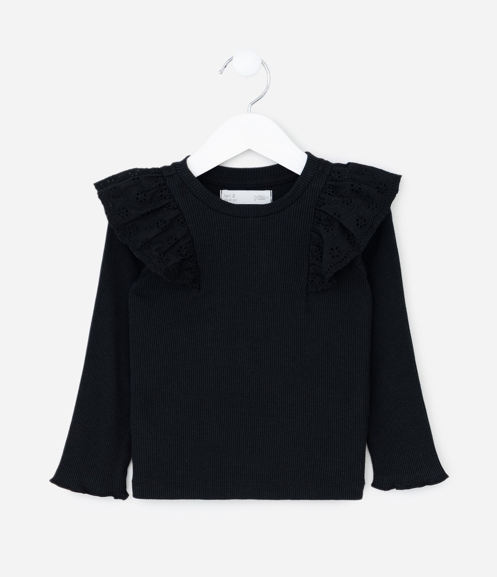 Blusa Infantil em Ribana com Babado Broderie - Tam 1 a 6 Anos Preto 2