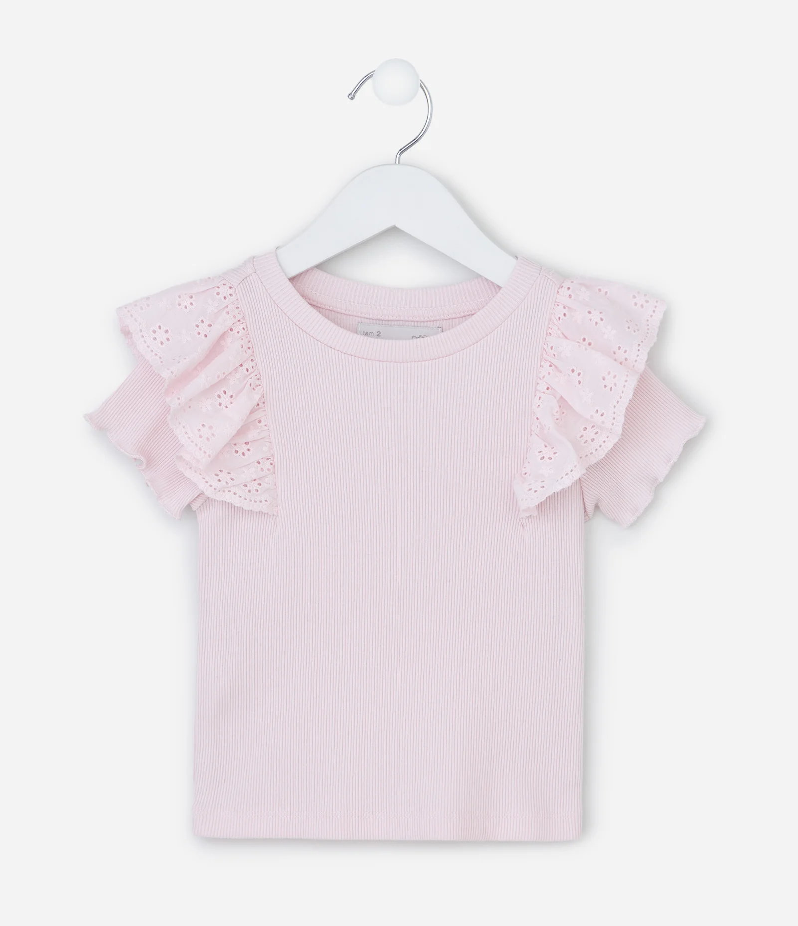 Camiseta Infantil em Ribana com Babado de Broderie – Tam 1 a 5/6 Anos Rosa Claro 1