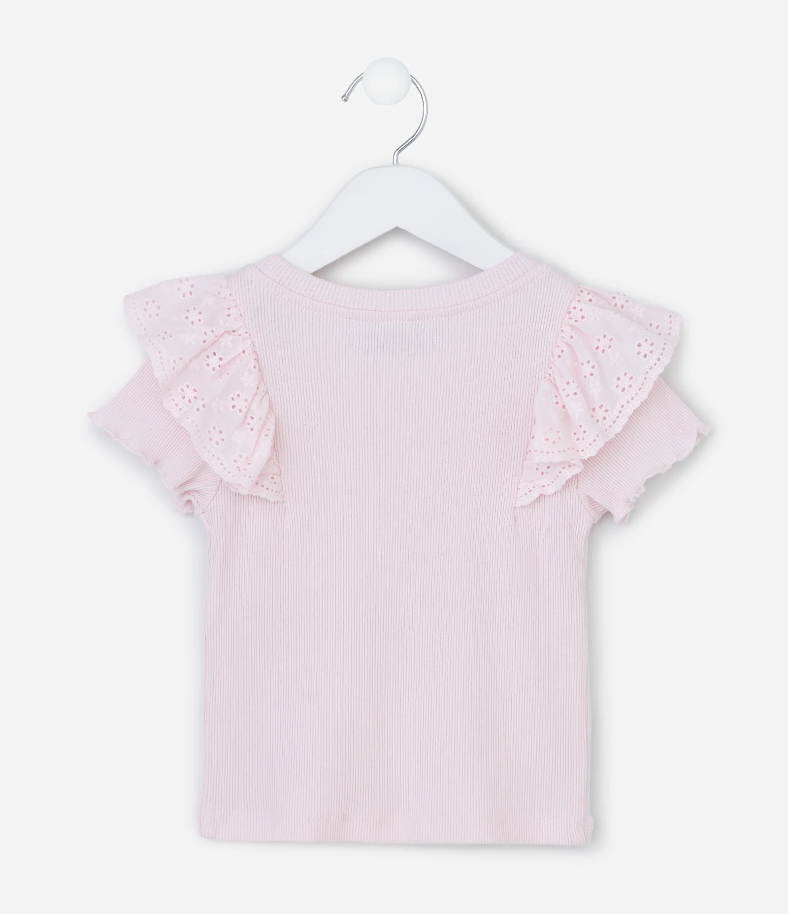 Camiseta Infantil em Ribana com Babado de Broderie – Tam 1 a 5/6 Anos Rosa Claro 2