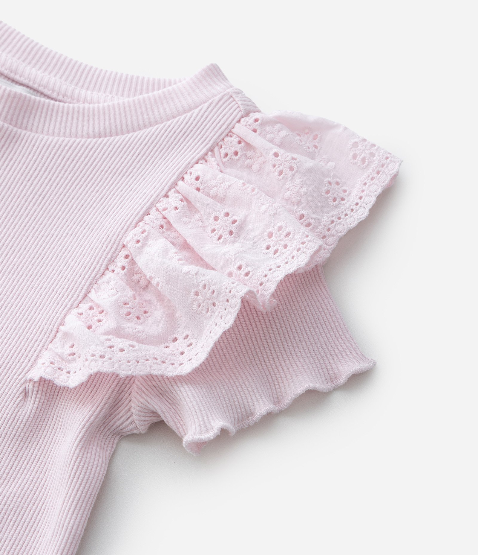 Camiseta Infantil em Ribana com Babado de Broderie – Tam 1 a 5/6 Anos Rosa Claro 4