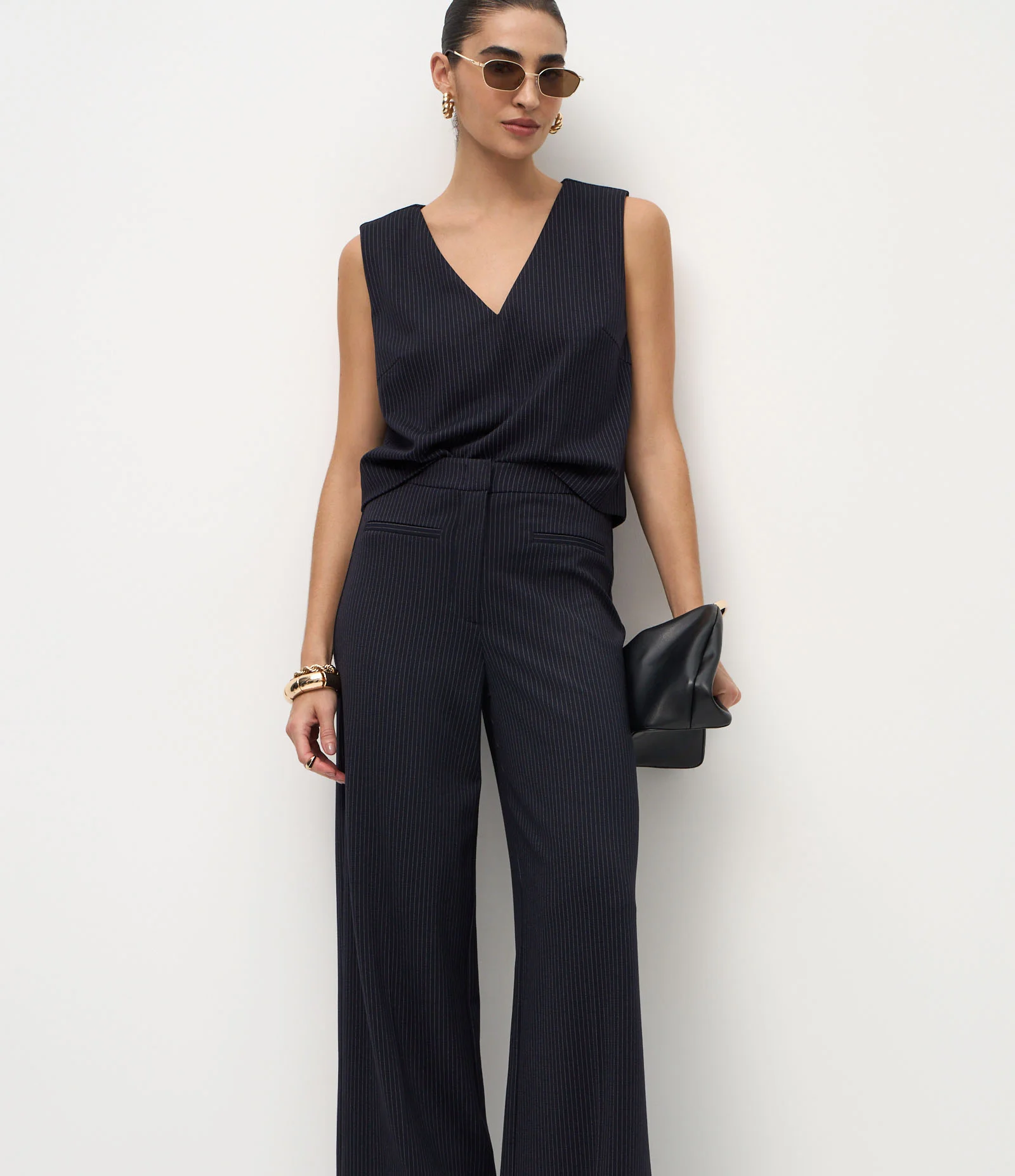 Calça Wide Leg em Ponto Roma com Risca de Giz Azul 2