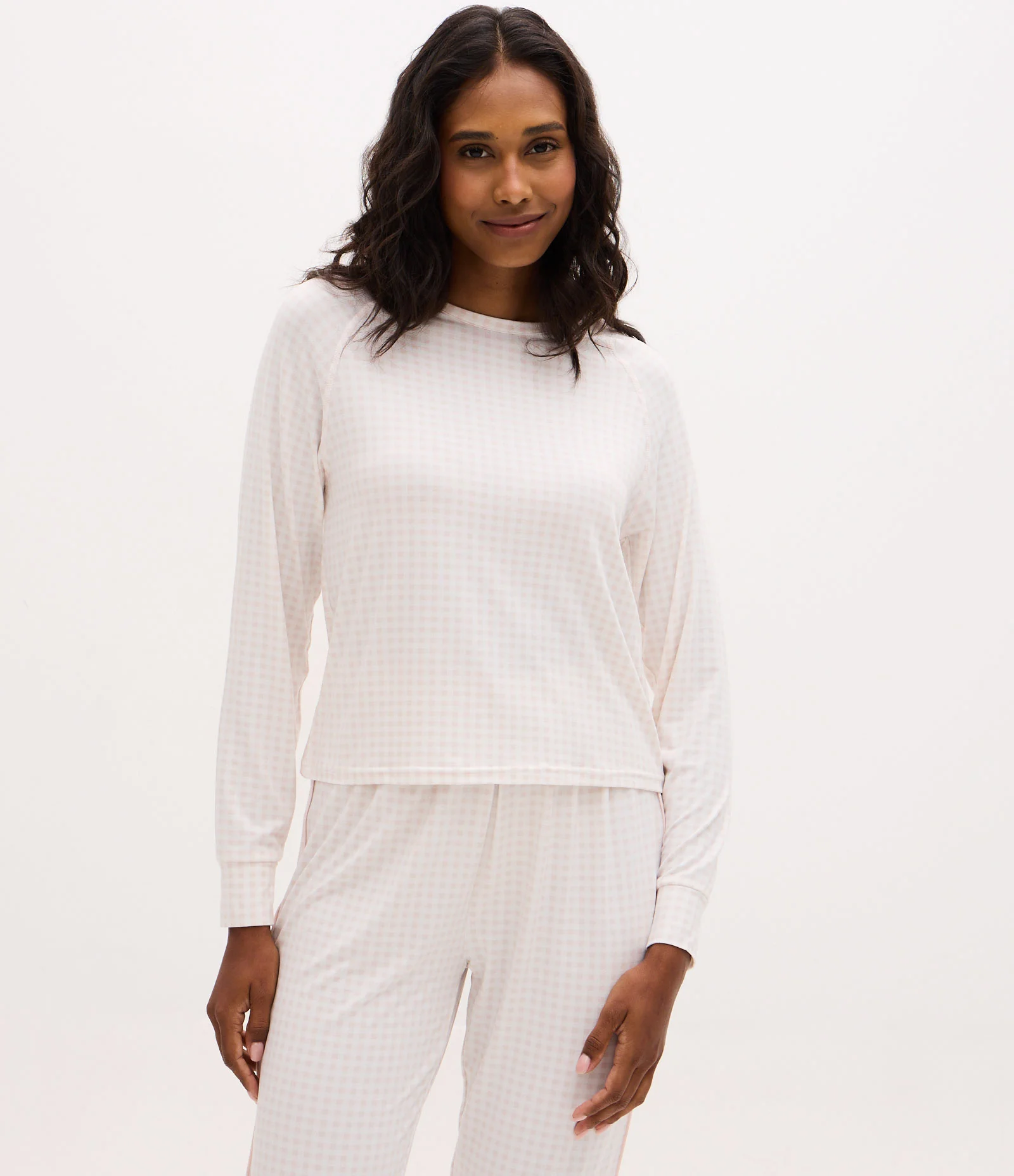 Blusa de Pijama Manga Longa com Estampa Xadrez Branco 1