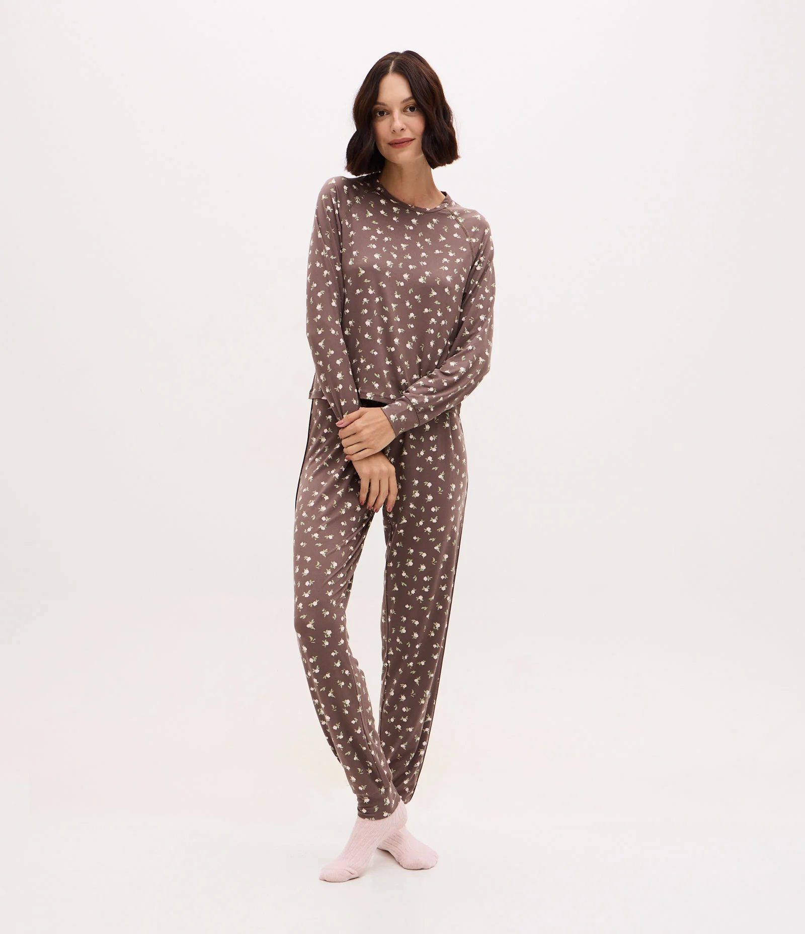 Blusa de Pijama com Estampa Floral Peach Touch Cinza 2