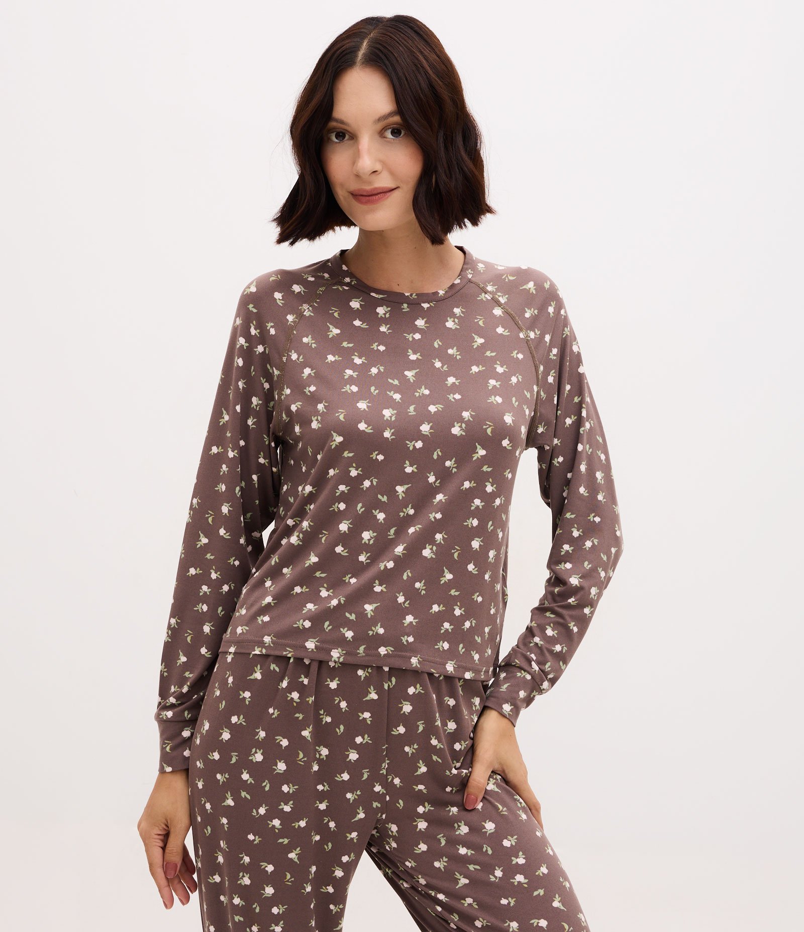 Blusa de Pijama com Estampa Floral Peach Touch Cinza 3