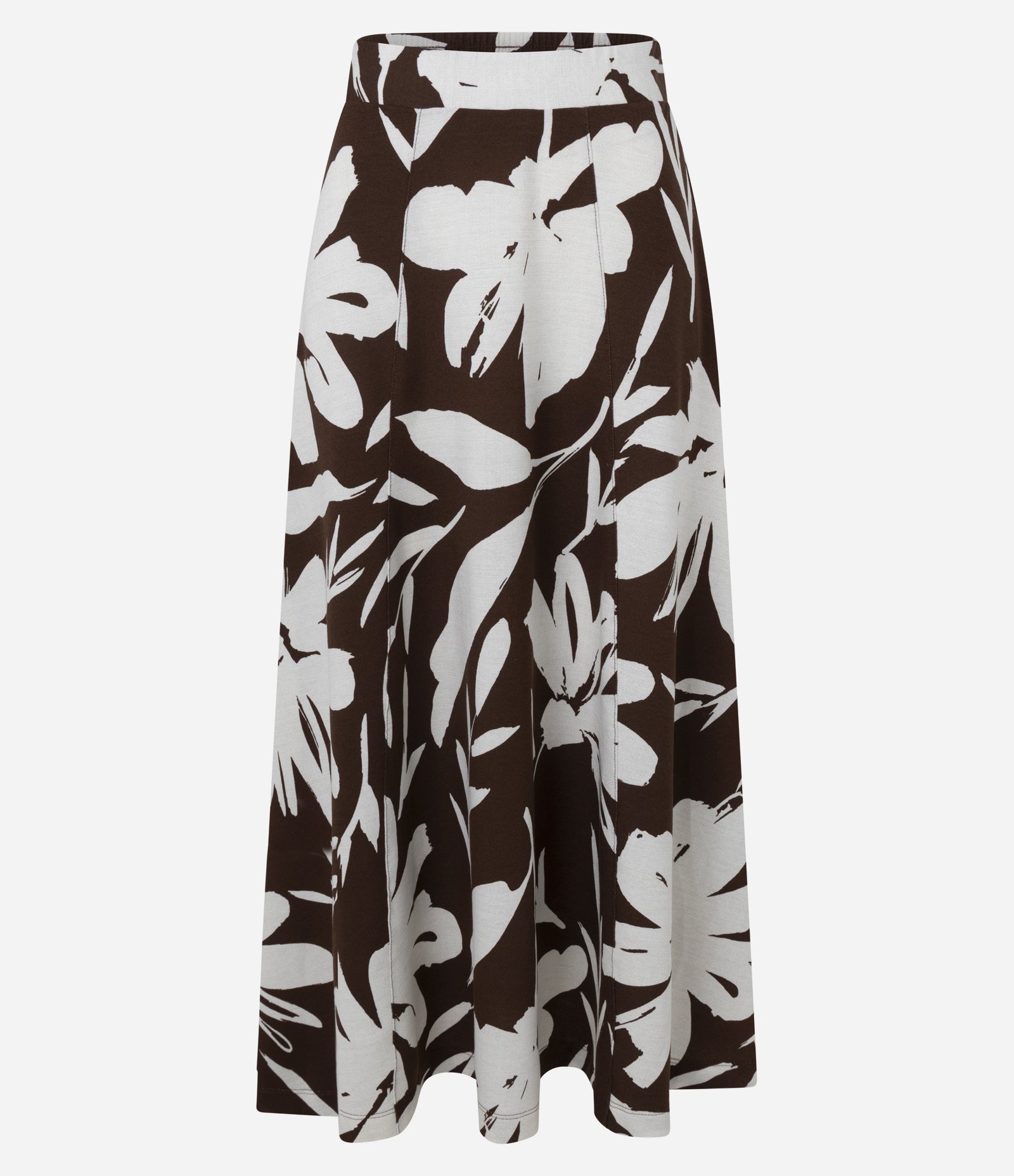 Saia Midi em Piquet com Estampa Floral Folhagem Marrom/Branco 1