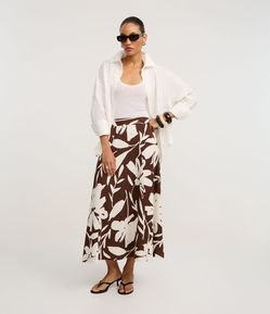 Saia Midi em Piquet com Estampa Floral Folhagem