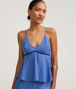 Blusa Peplum de Alça em Viscolinho com Viés Contrastante