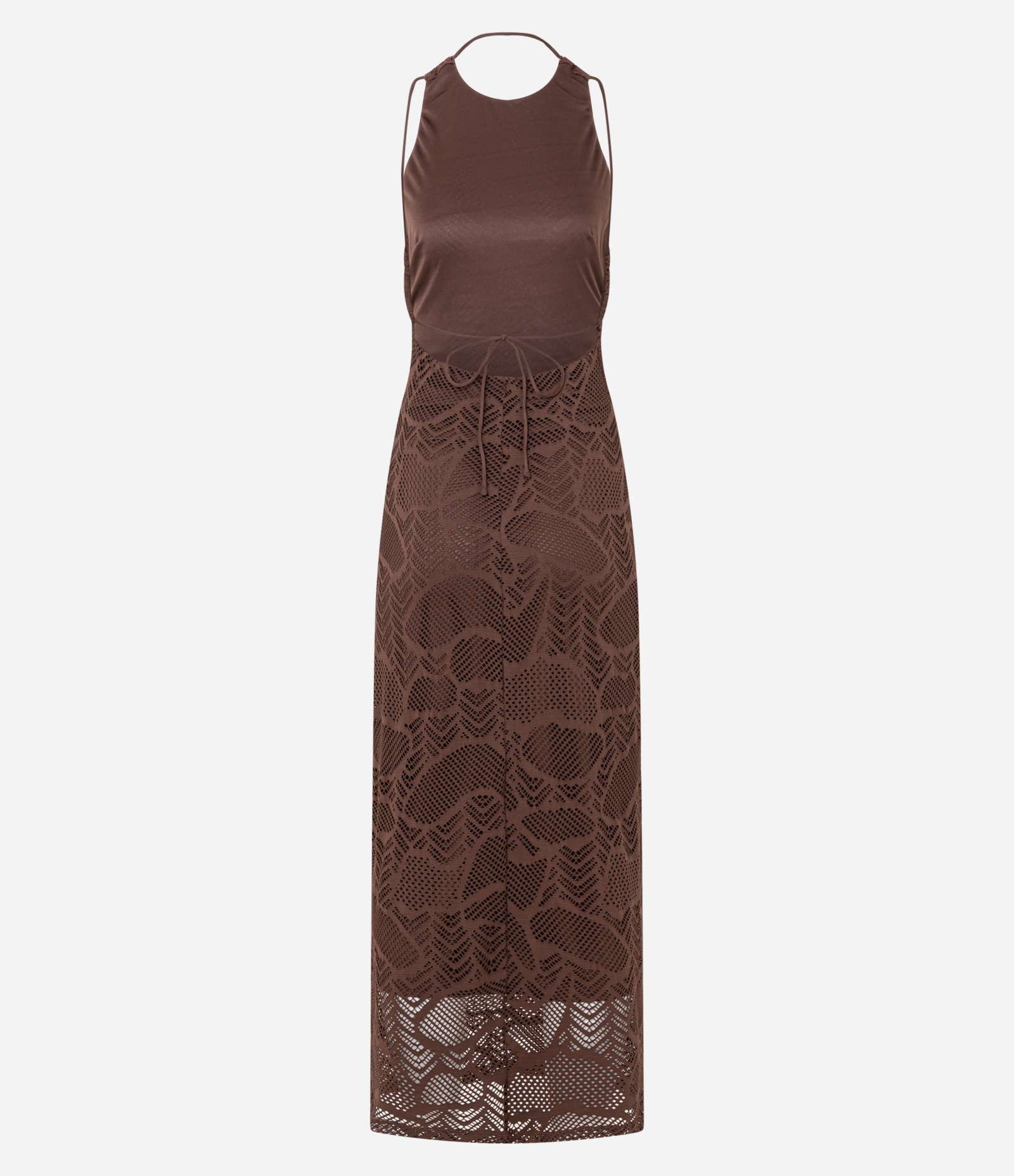 Vestido New Midi Evasê Rendado e Frente Única Marrom 9