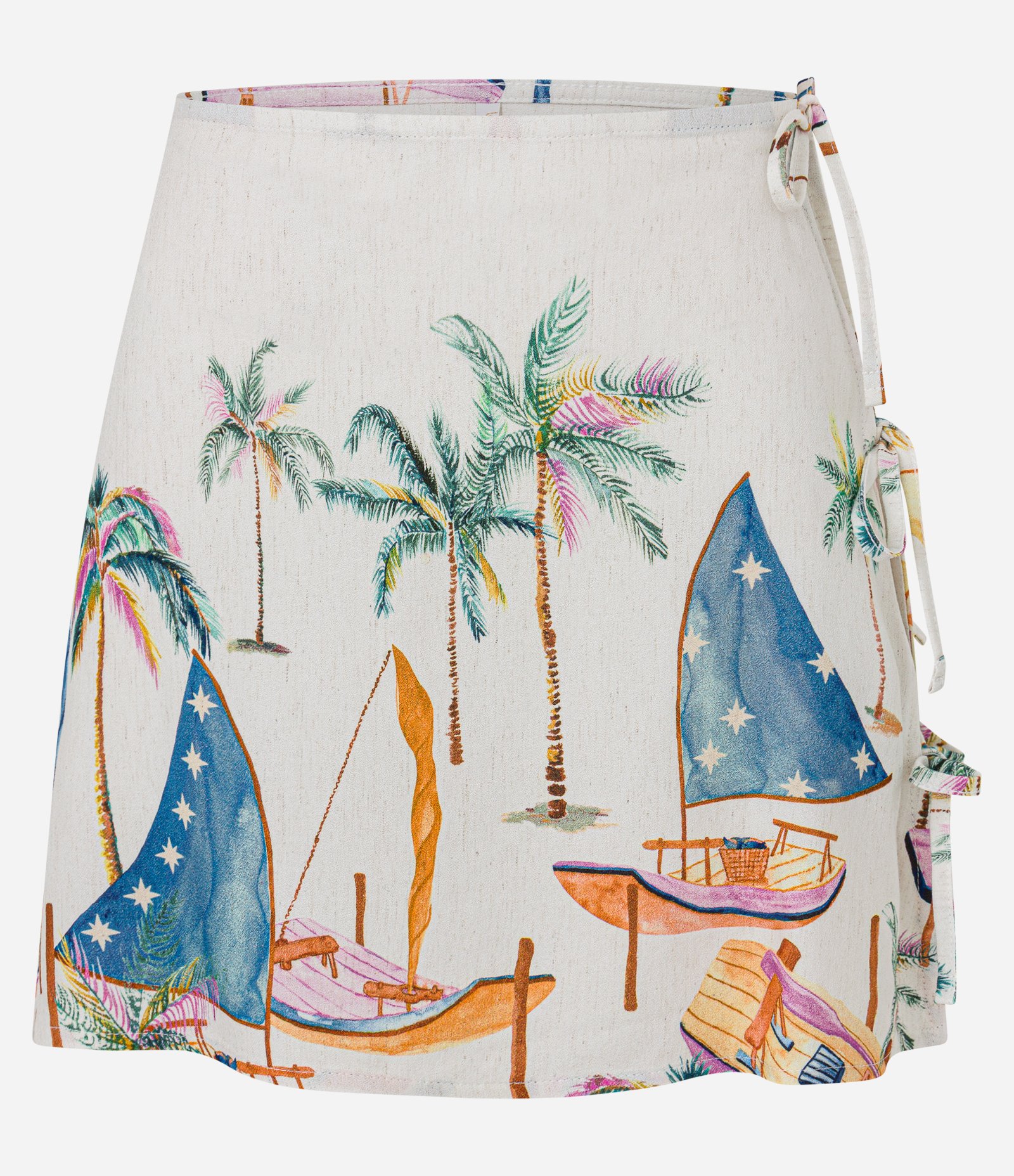 Saída de Praia Saia Curta em Viscolinho com Estampa de Jangadas Off White 5