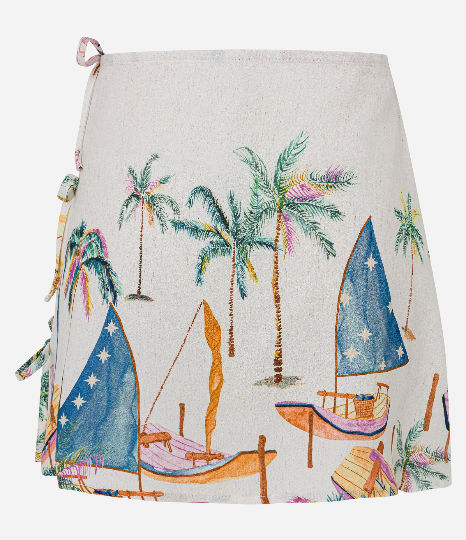 Saída de Praia Saia Curta em Viscolinho com Estampa de Jangadas Off White 7