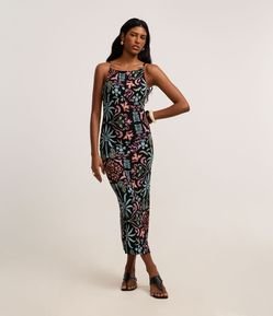 Vestido Midi Canelado em Ribana com Estampa Floral