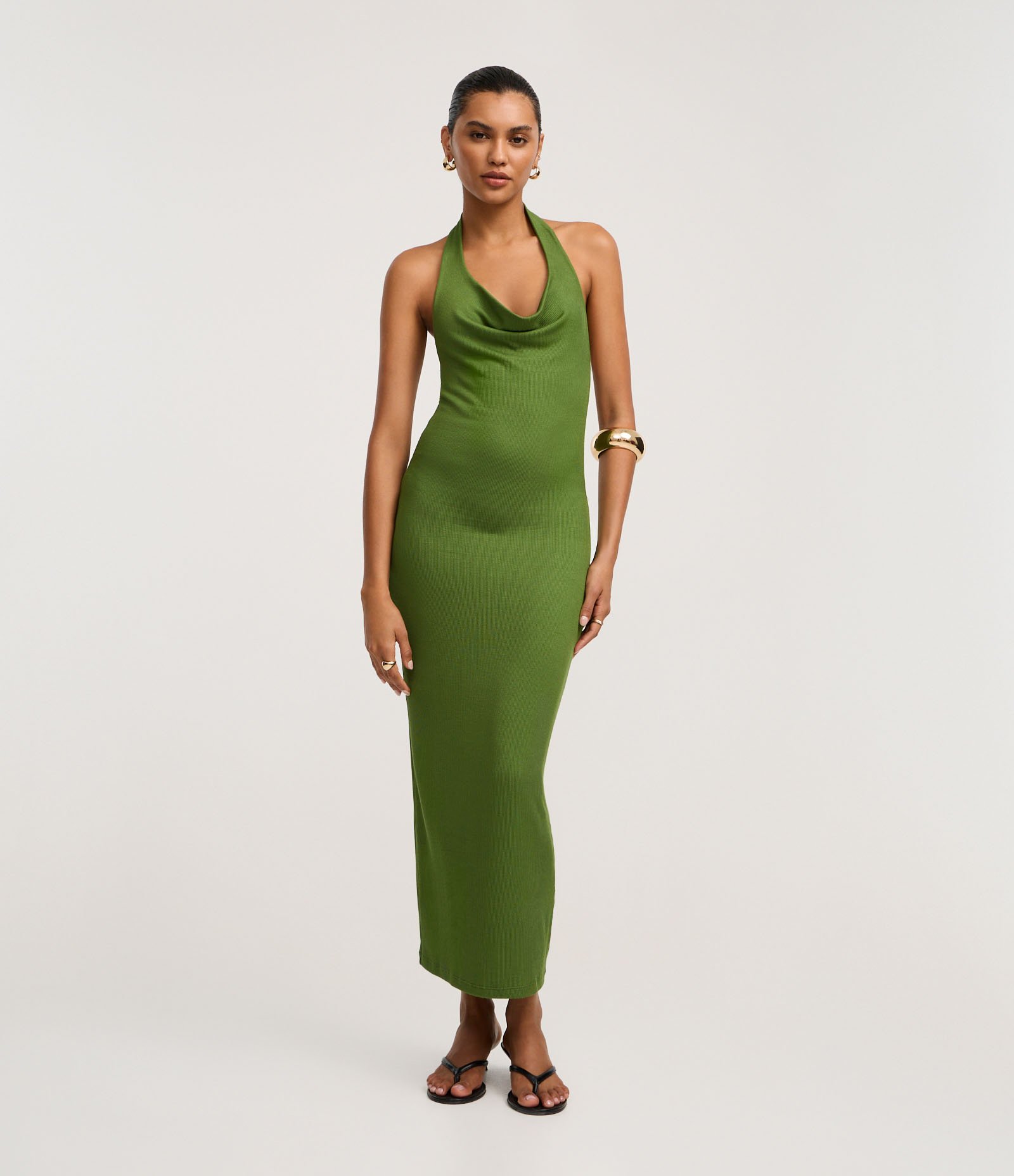 Vestido Midi Frente Única em Ribana com Decote Degagê Verde 2