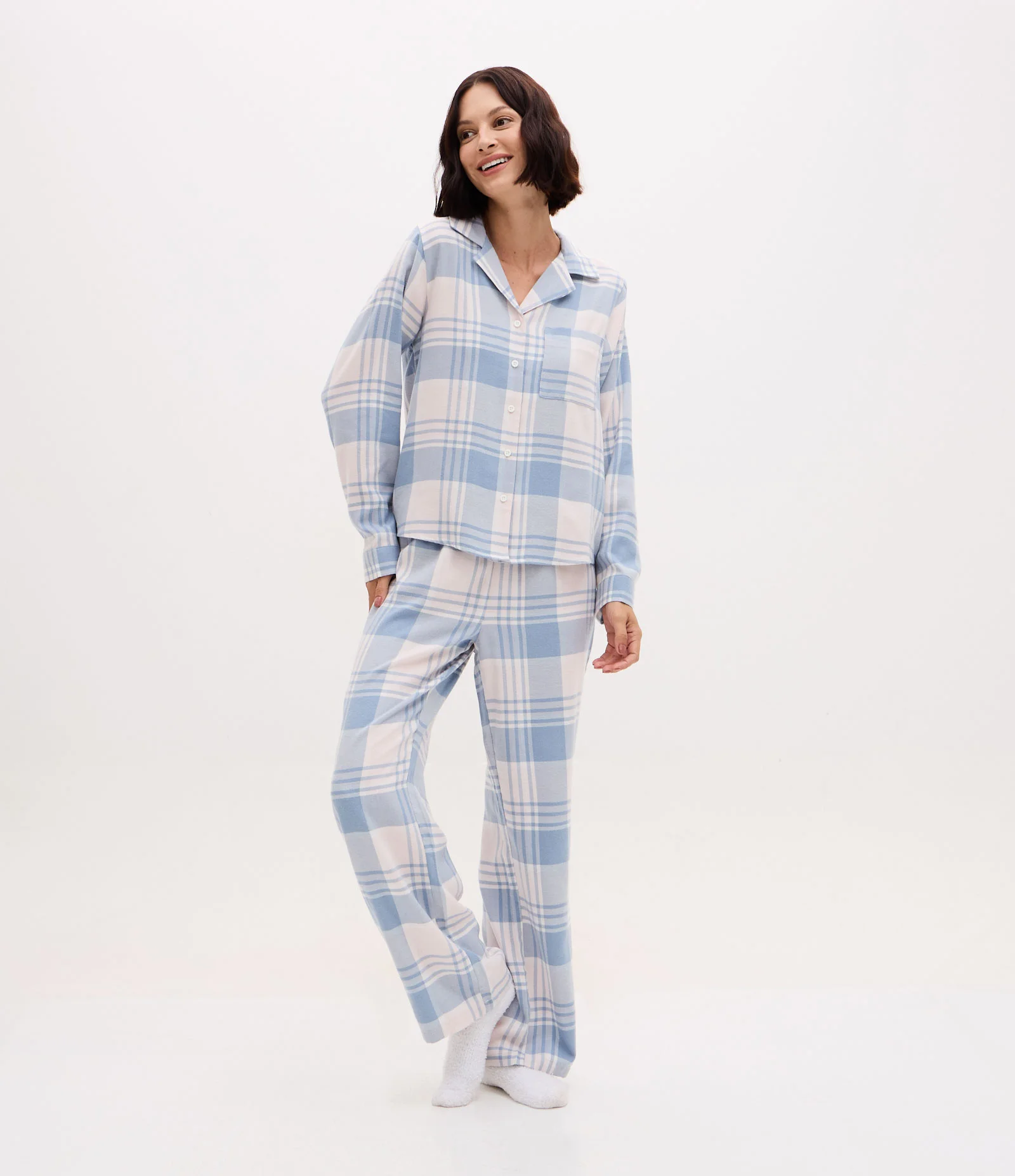 Pijama Americano Longo em Flanela com Estampa  Xadrez Azul/Branco 2