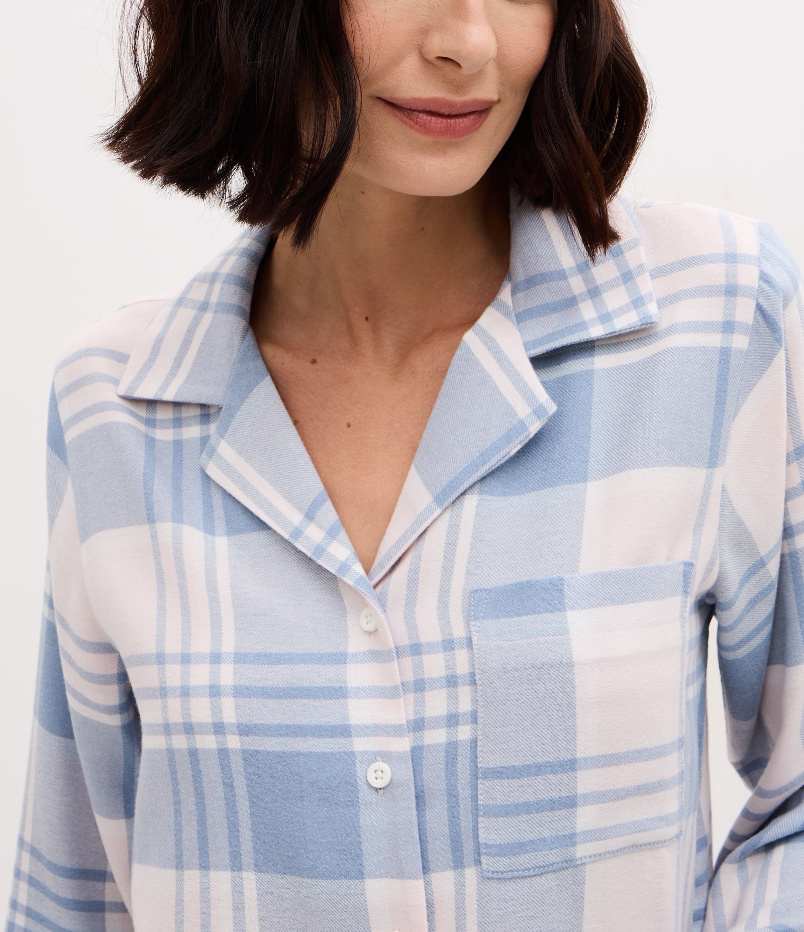 Pijama Americano Longo em Flanela com Estampa  Xadrez Azul/Branco 3