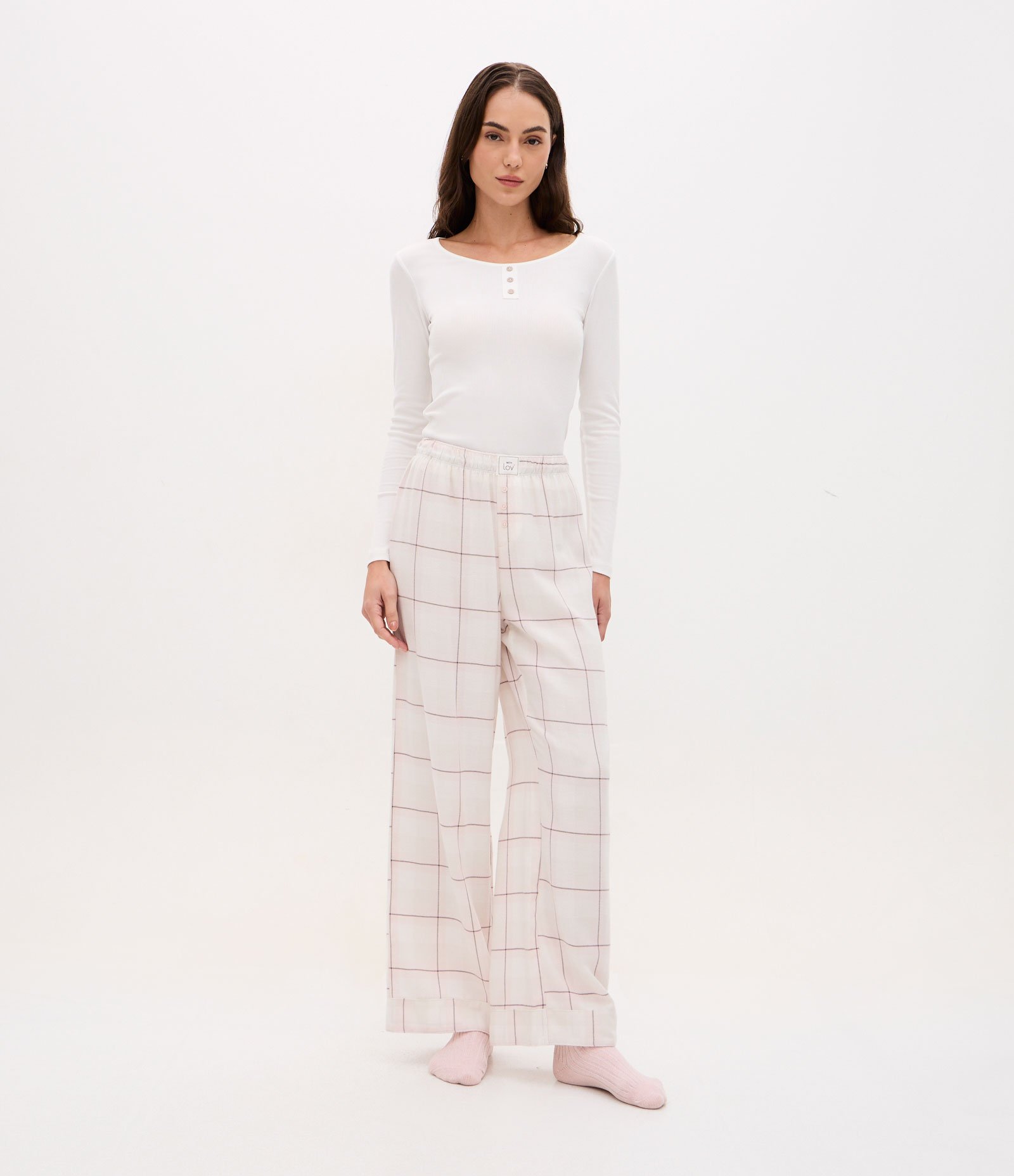 Calça de Pijama em Flanela Xadrez Off White 1