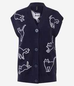 Colete com Botões e Estampa de Gatos