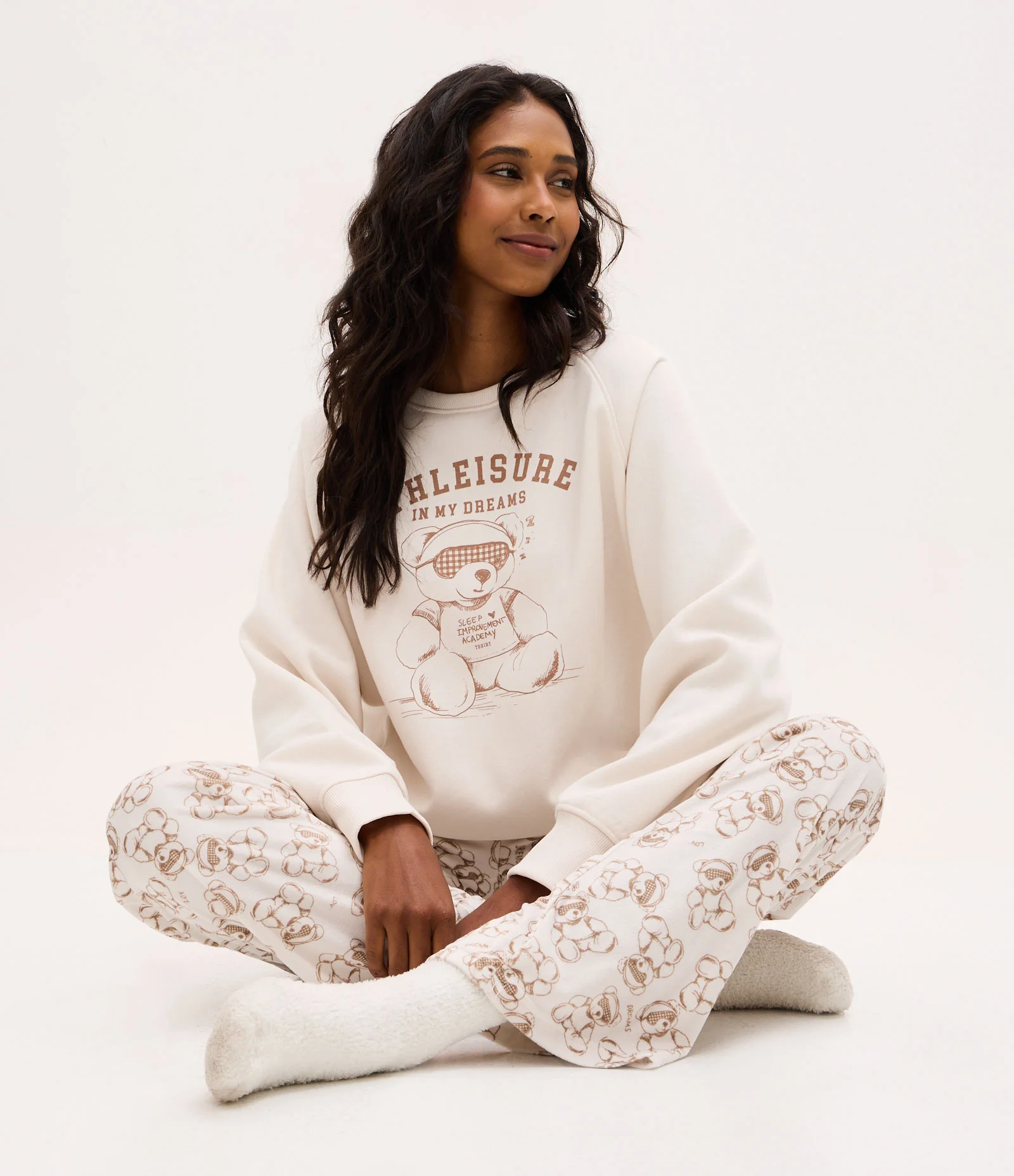 Blusa de Pijama em Moletom com Estampa Ursinho Athleisure Branco Gelo 1