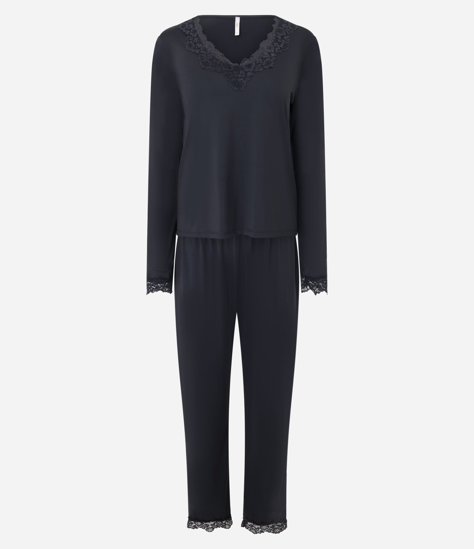 Pijama Longo em Poliamida com Renda no Decote Preto 1