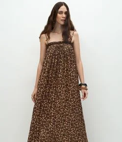 Vestido Midi em Viscose com Decote Quadrado e Estampa Floral