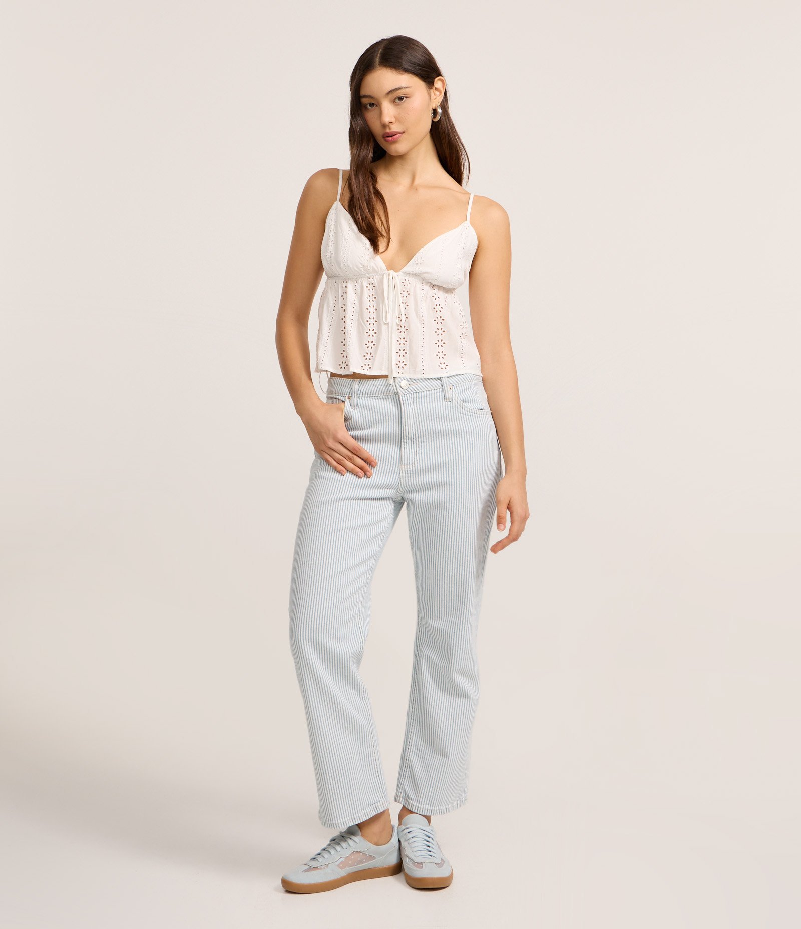 Calça Baggy Listrada em Sarja com Bolsos Azul 1