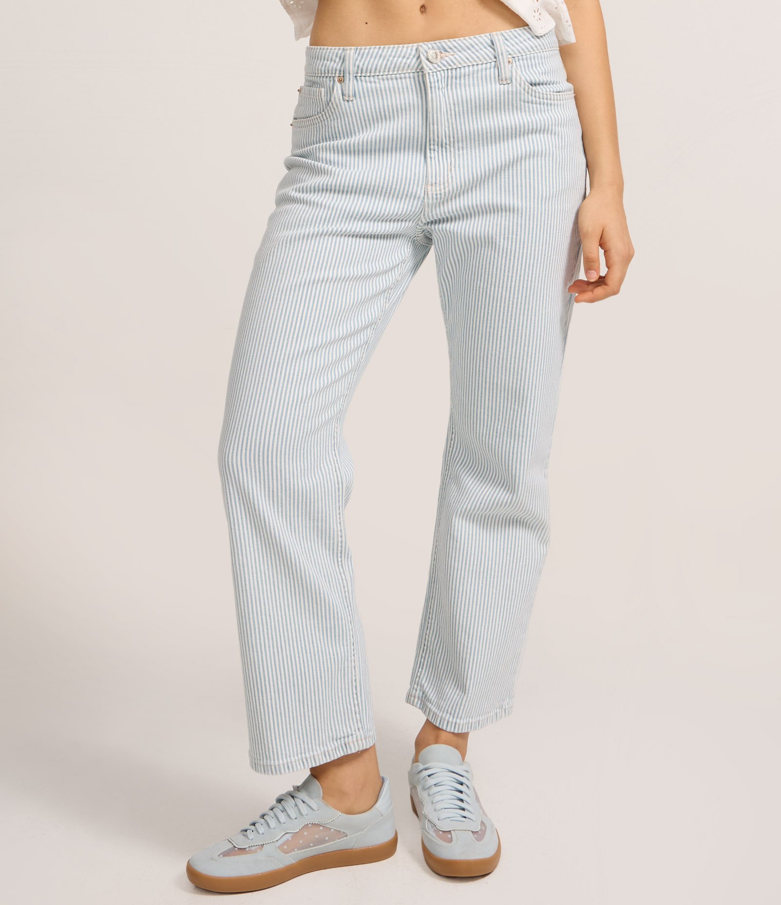 Calça Baggy Listrada em Sarja com Bolsos Azul 3