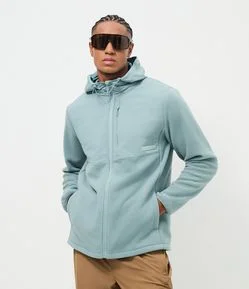 Blusão Masculino Fleece com Capuz e Recorte em Tecido Plano