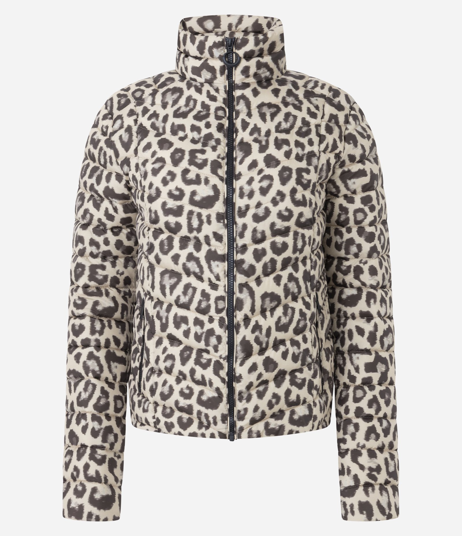 Jaqueta Puffer Ultra Leve com Gola Alta e Estampa Animal Print Bege 1