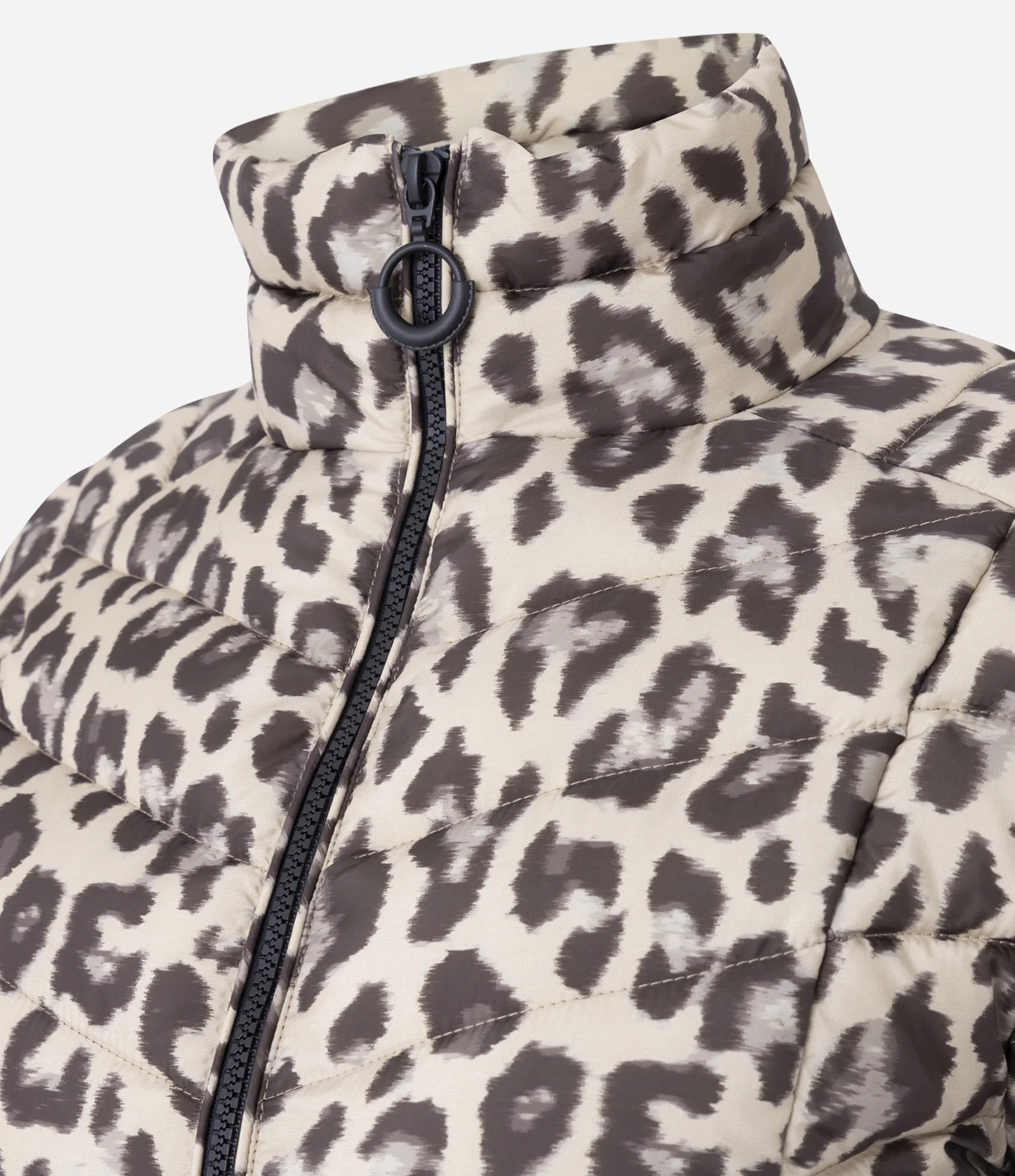 Jaqueta Puffer Ultra Leve com Gola Alta e Estampa Animal Print Bege 2