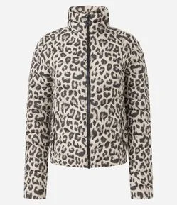 Jaqueta Puffer Ultra Leve com Gola Alta e Estampa Animal Print