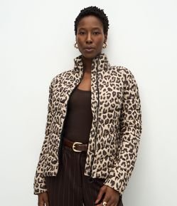 Jaqueta Puffer Ultra Leve com Gola Alta e Estampa Animal Print
