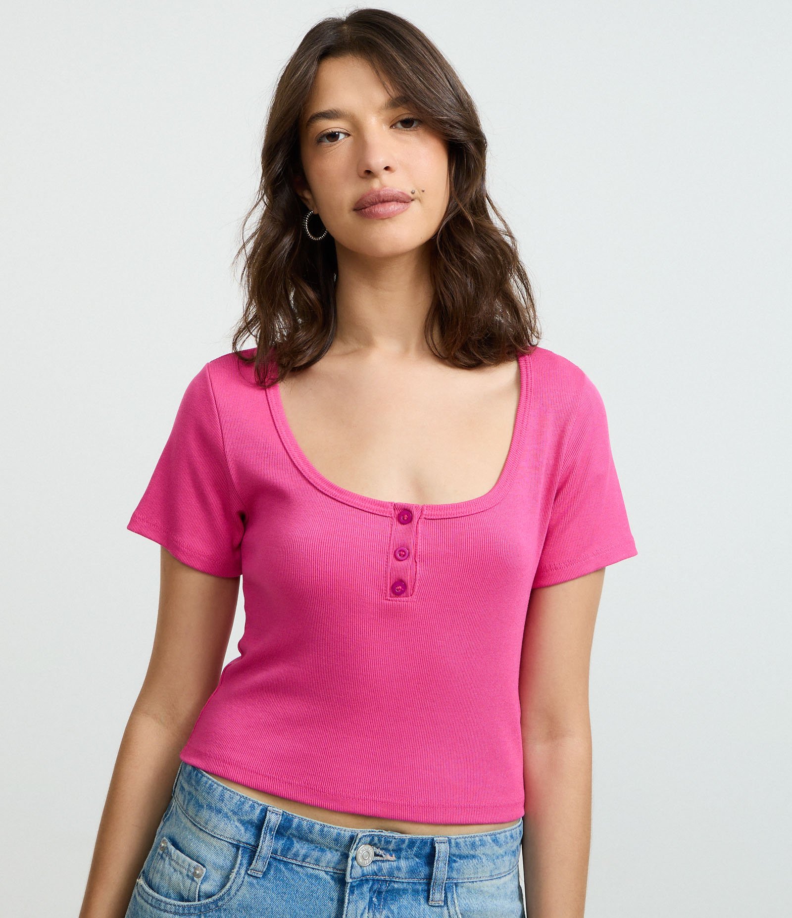 Blusa em Ribana com Botões no Decote Rosa 1
