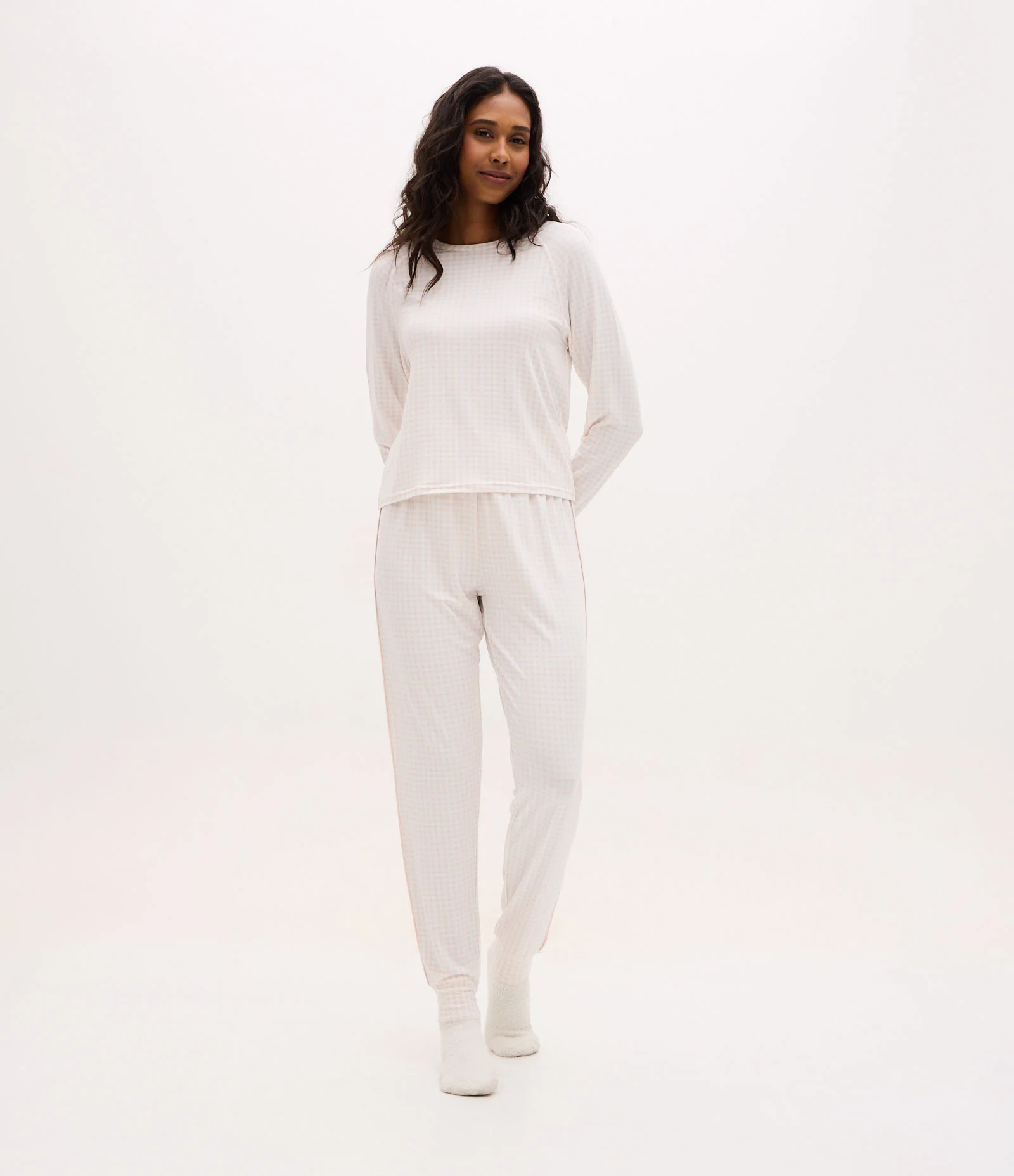 Calça de Pijama Jogger Peach Touch com Estampa Xadrez Branco 1