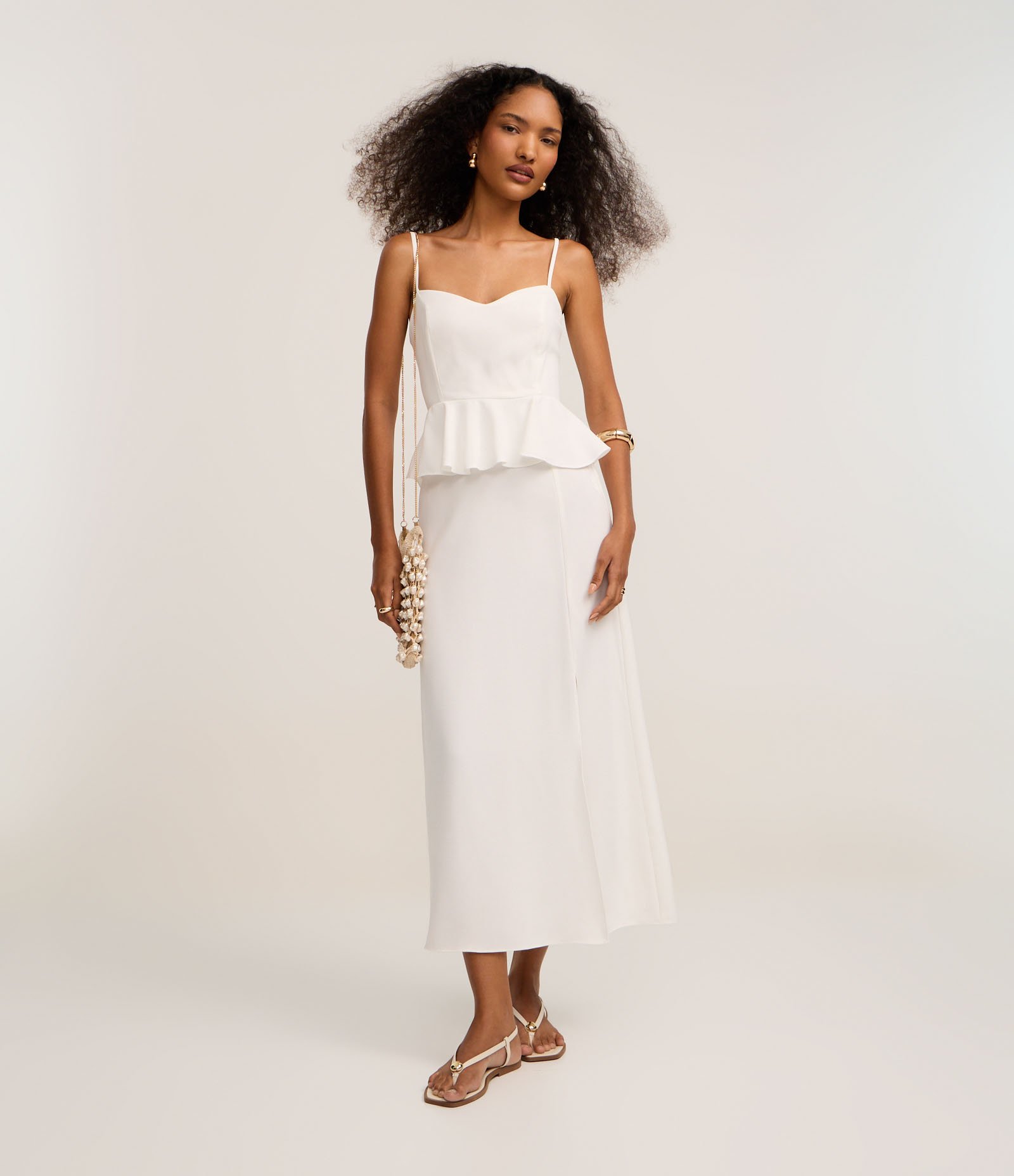 Vestido Peplum de Alça com Efeito Acetinado Off White 2