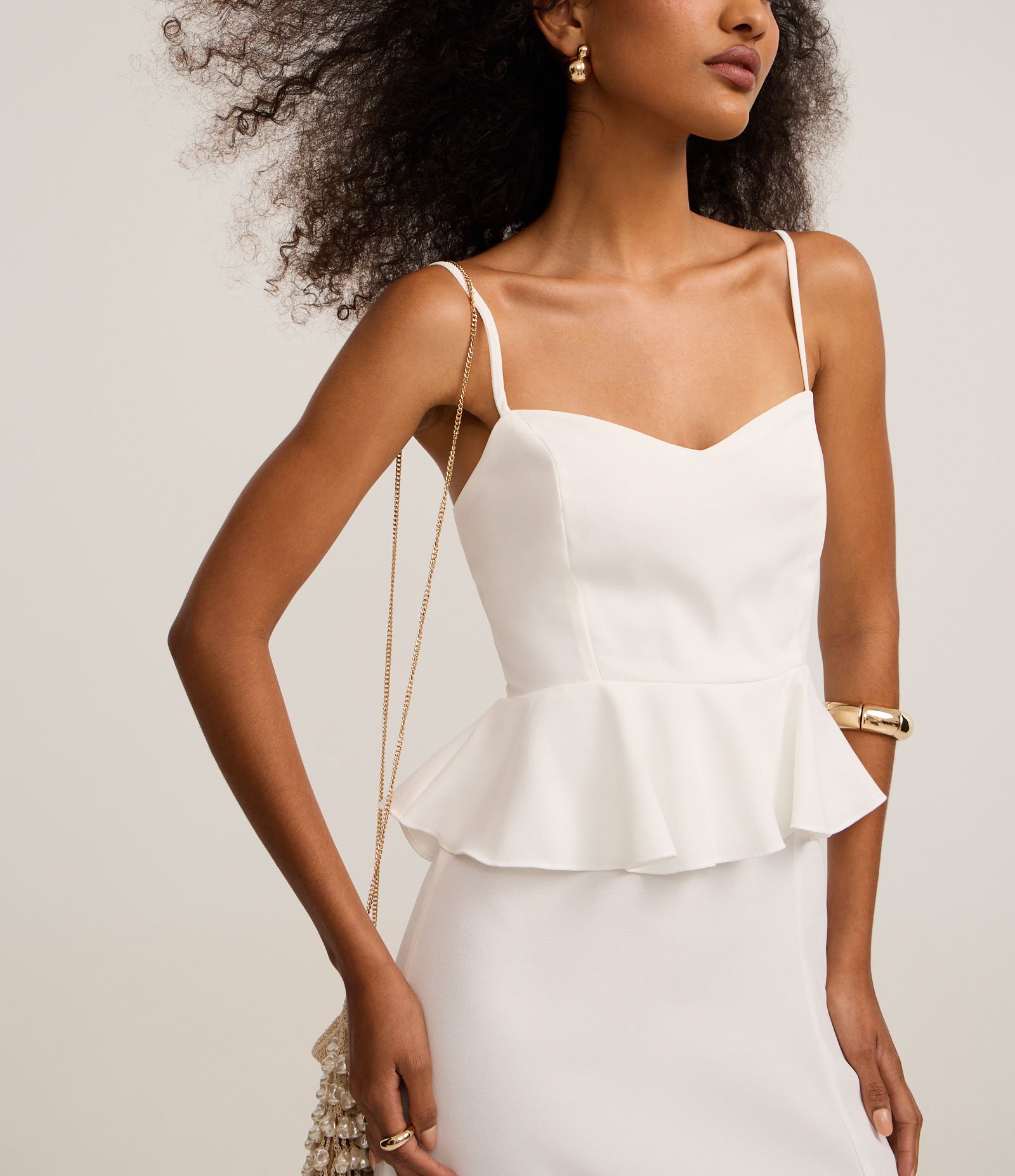 Vestido Peplum de Alça com Efeito Acetinado Off White 4