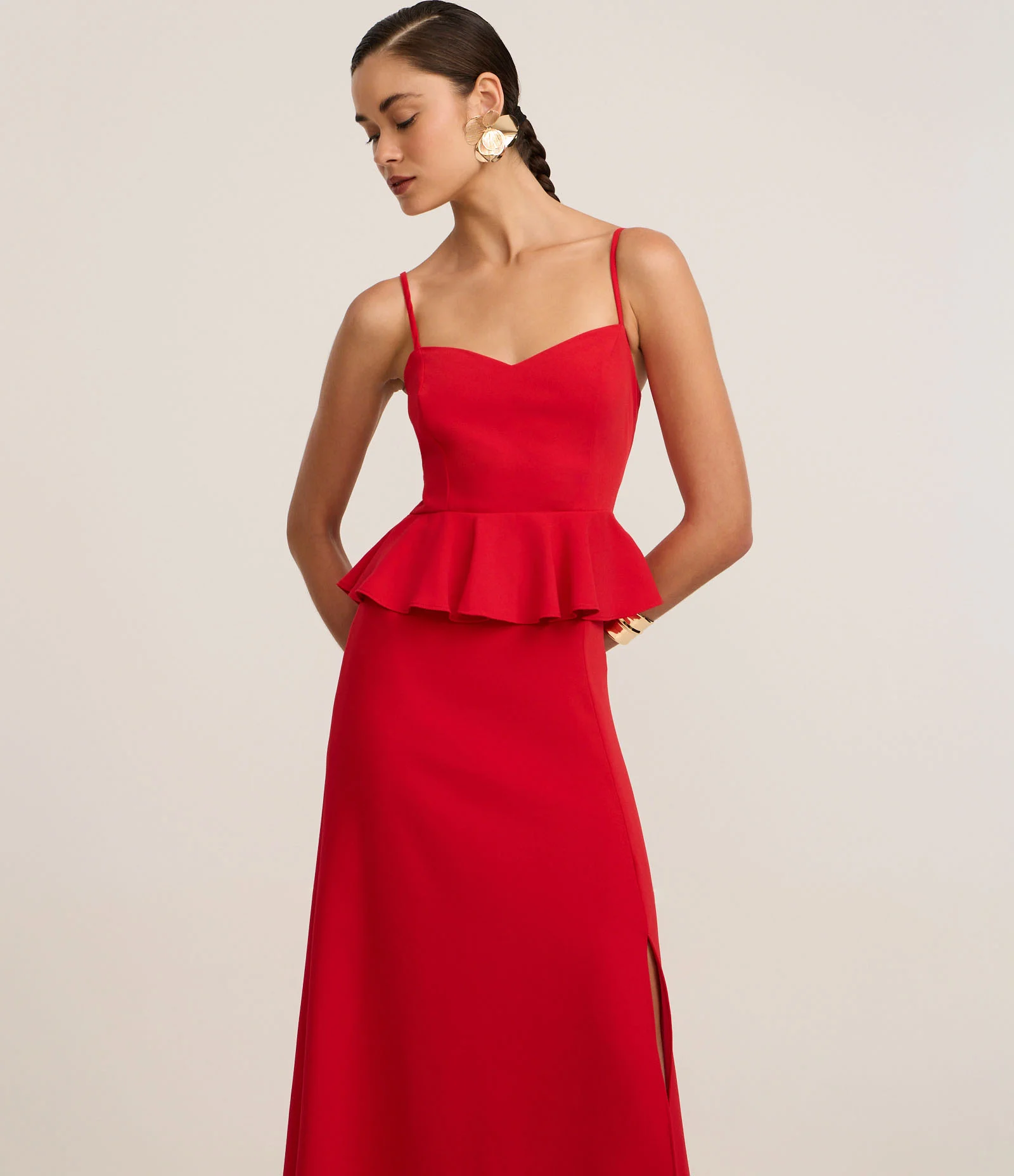 Vestido Peplum de Alça com Efeito Acetinado Vermelho 2
