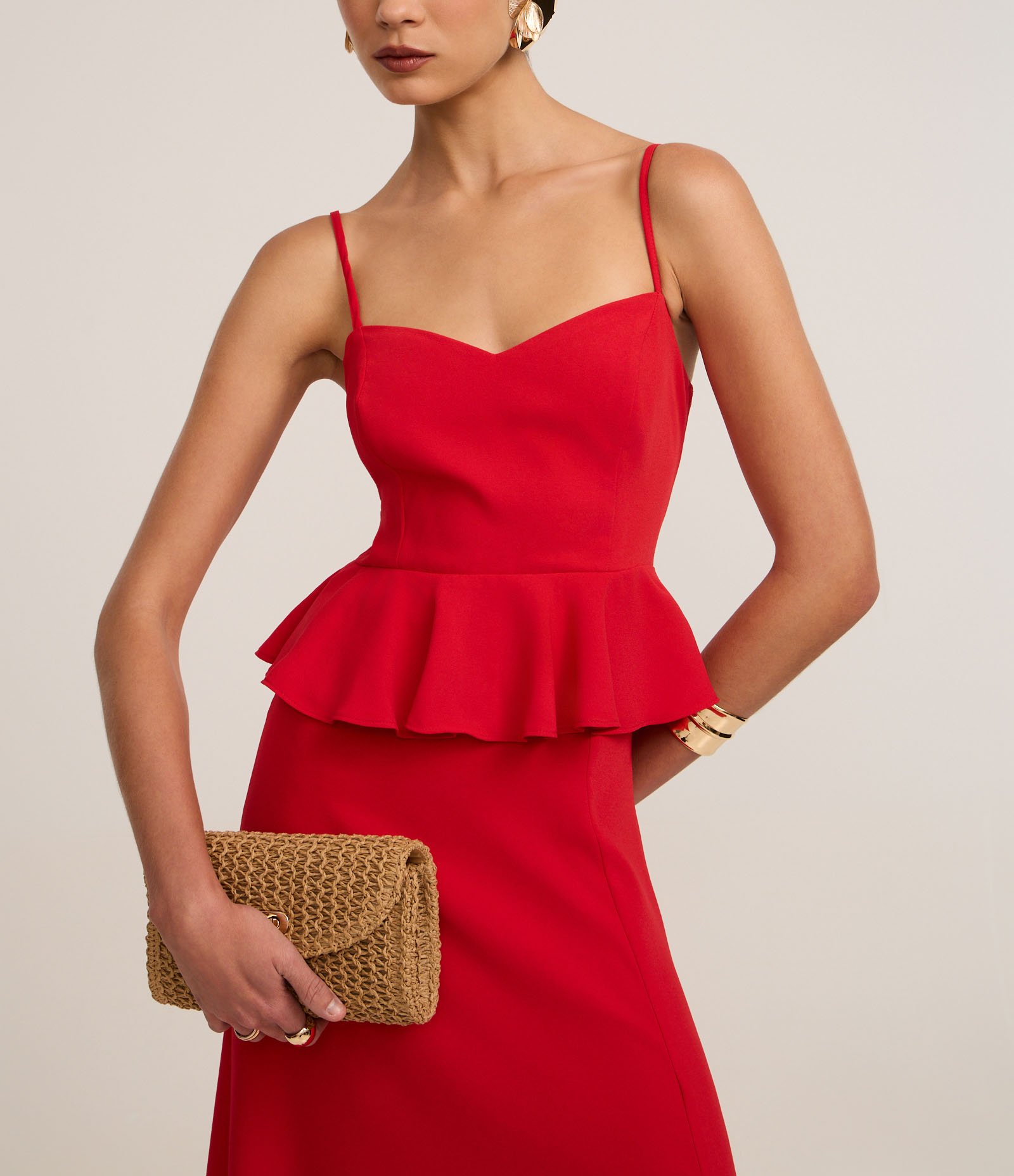Vestido Peplum de Alça com Efeito Acetinado Vermelho 4