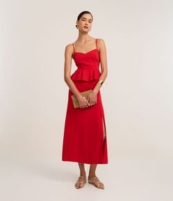 Vestido Peplum de Alça com Efeito Acetinado