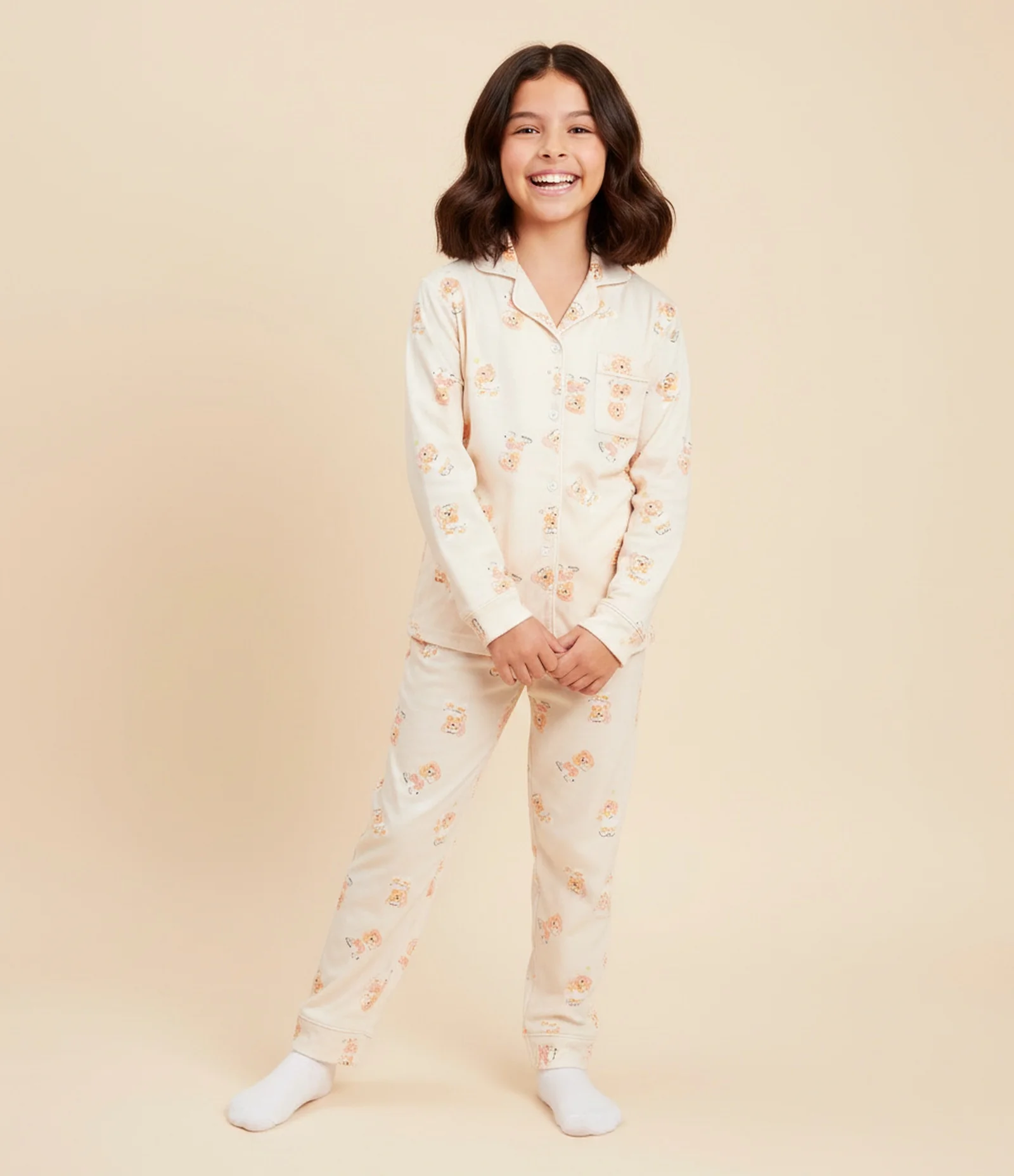 Pijama Infantil com Estampa de Urso  – Tam 4 a 16 Anos Bege Claro 1