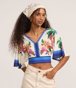 Blusa Cropped com Decote em V e Estampa Floral