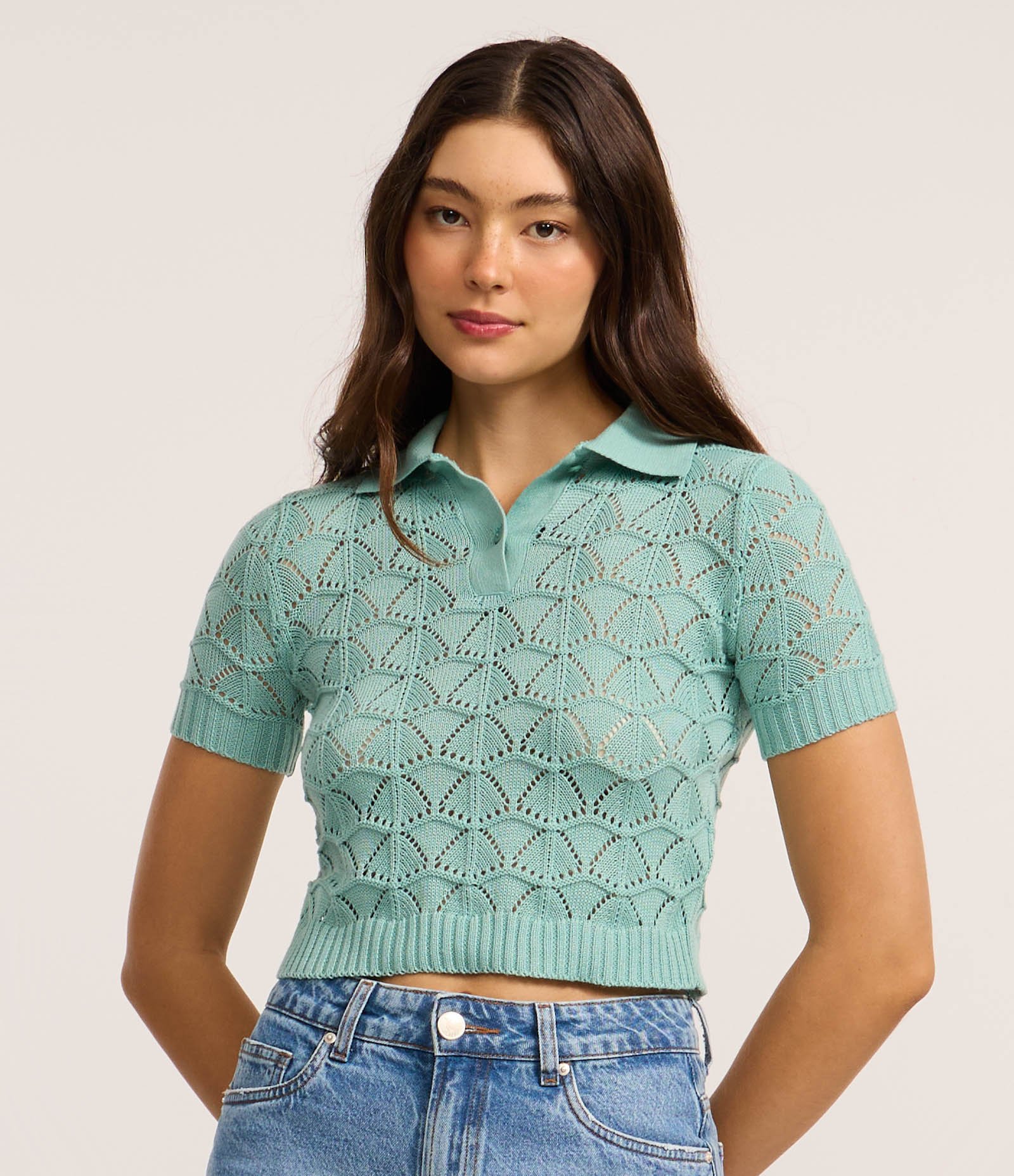 Blusa em Tricô co Mix de Pontos e Gola Polo Verde 1