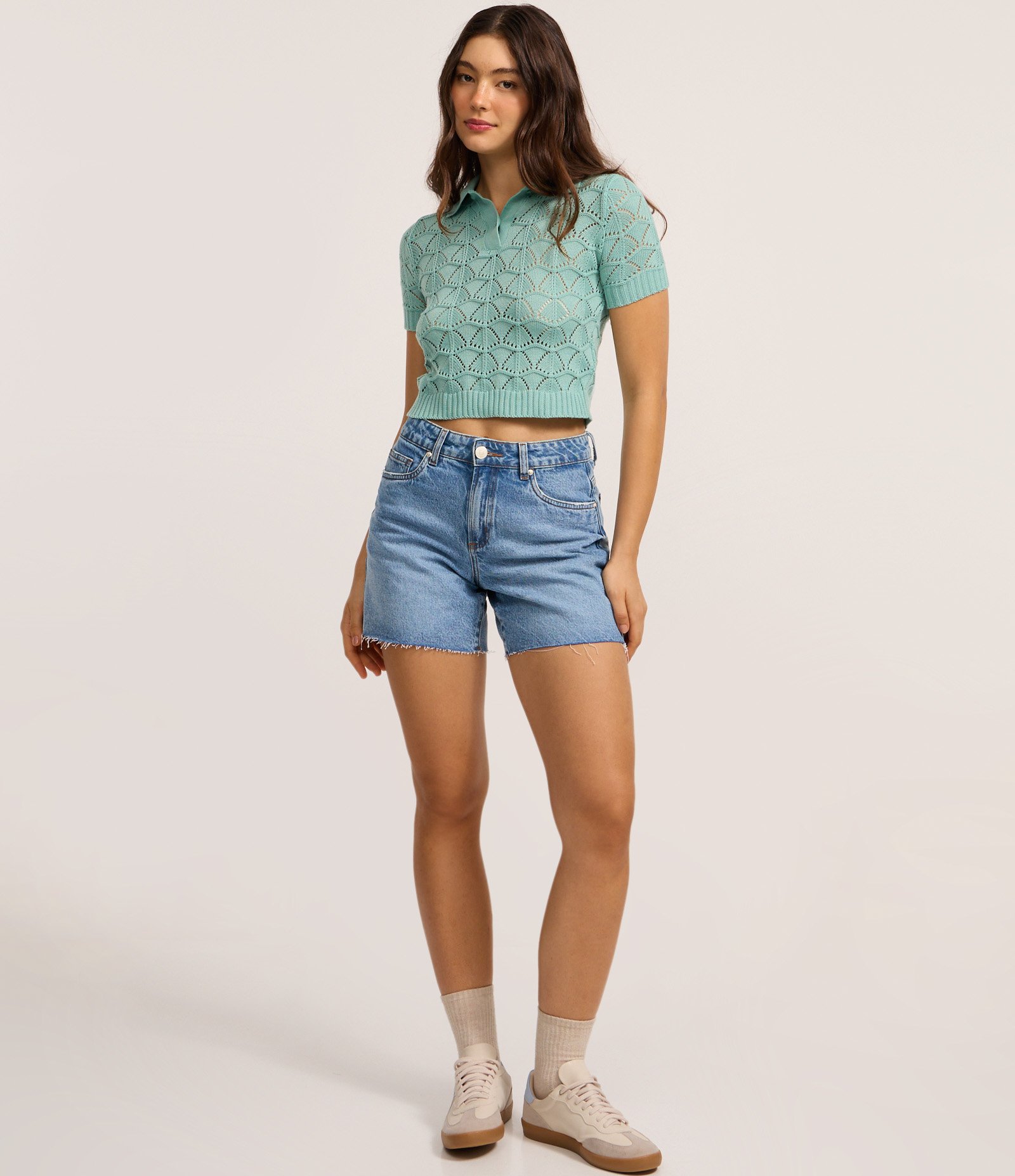 Blusa em Tricô co Mix de Pontos e Gola Polo Verde 2