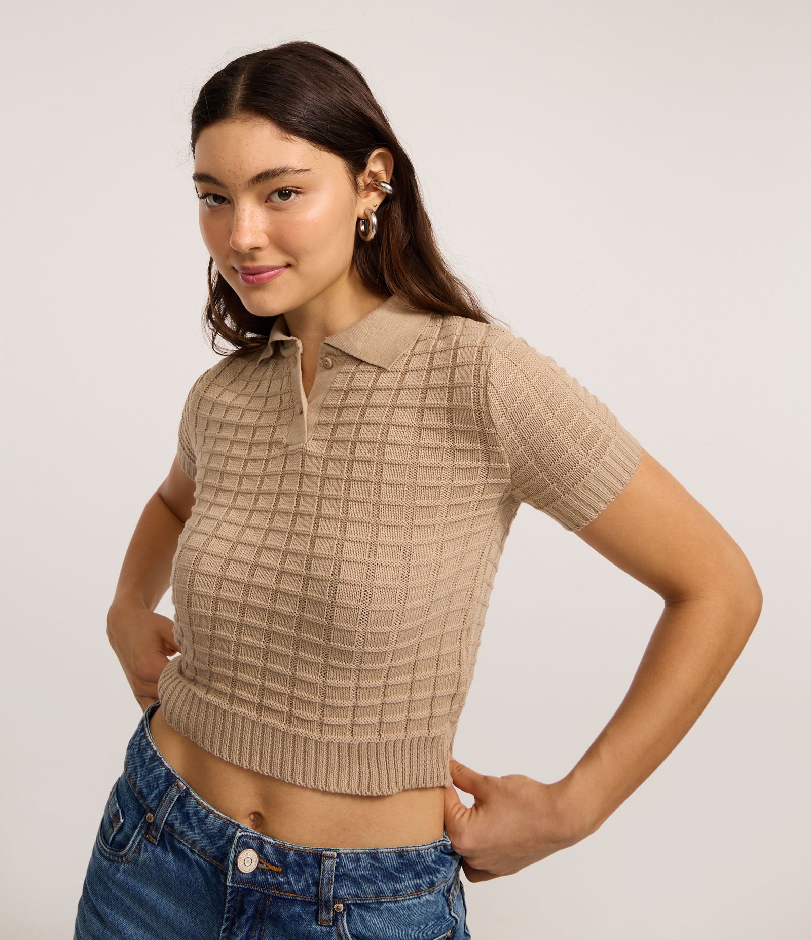Blusa Polo em Tricô com Textura Marrom 1