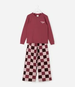 Pijama Infantil com Bordado e Estampa Xadrez – Tam 5 a 14 Anos