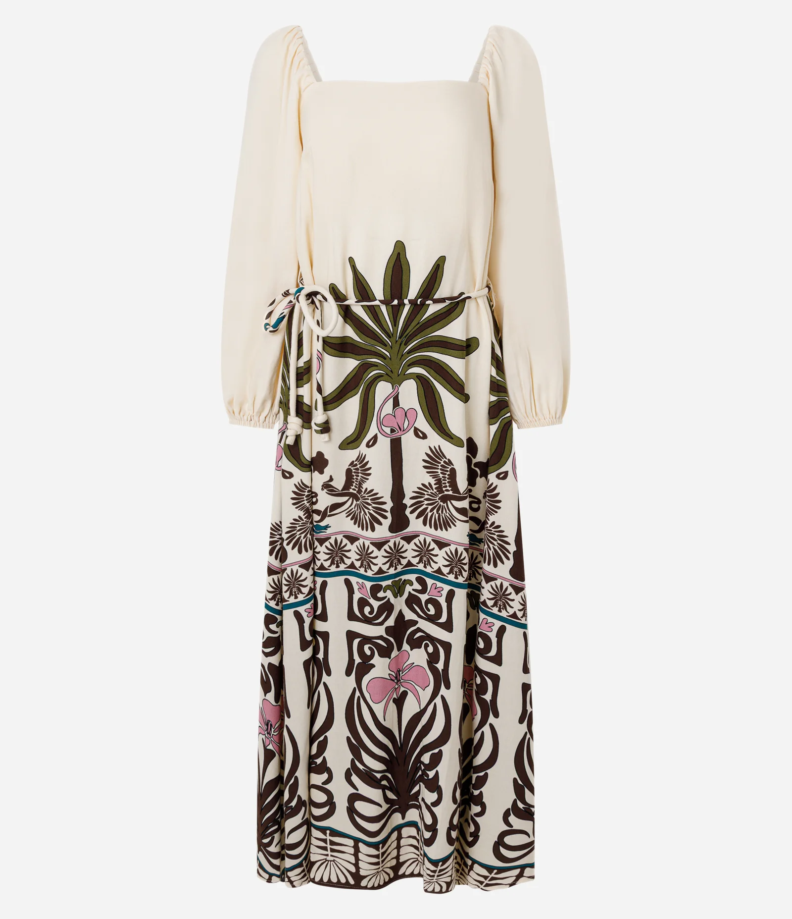 Vestido Midi com Decote Quadrado e Manga Flare Bege 1