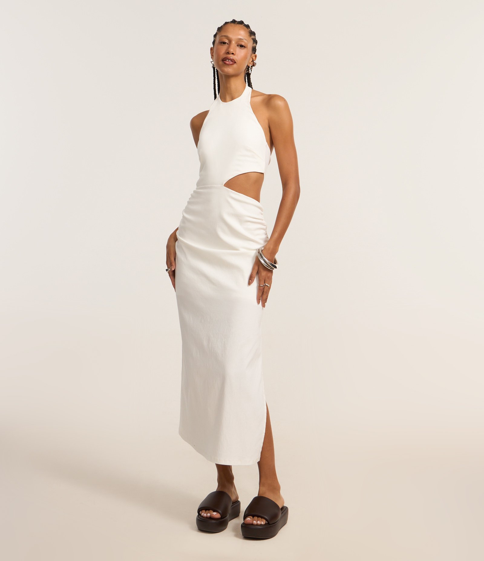 Vestido New Midi Frente Única em Bengaline com Vazado Branco Neve 1